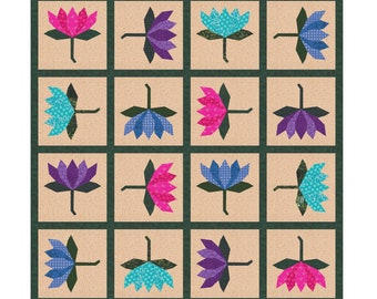 Lotus Flower, Foundation Paper Pieced Pattern (FPP), Quilt Block, PDF Pattern, 3 sizes