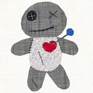 May include: A gray voodoo doll with stitched features, including a cross for an eye and a stitched mouth. A red heart is sewn onto the doll's chest, pierced by a blue-headed pin. The doll has a stitched design.