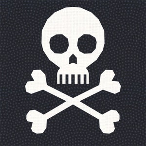 May include: A white skull and crossbones design on a black background. The skull has two eye sockets and a nose, and the crossbones are simple and symmetrical.