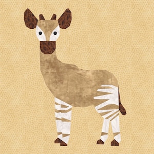 May include: A brown and white Okapi, a type of mammal, with a long neck and striped legs, is standing on a beige background.