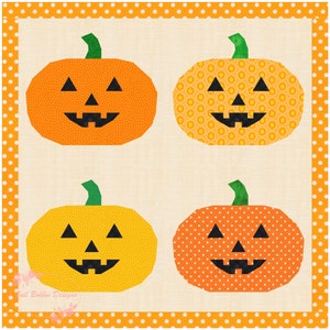 May include: Four orange and yellow jack-o'-lantern pumpkins with black eyes, nose, and mouth. The pumpkins are on a beige background with an orange and white polka dot border.