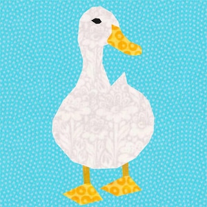 May include: A white duck illustration with a yellow beak and feet, set against a light blue background with a dotted pattern. The duck's body has a floral design, creating a whimsical and playful aesthetic.