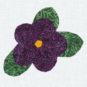May include: A stylized purple flower with a yellow center and green leaves. The flower petals have a swirling pattern, and the leaves have a textured design. The image is set against a white background.