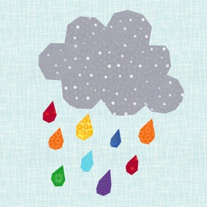May include: A grey cloud with white polka dots is raining down colourful raindrops in a rainbow pattern. The raindrops are red, orange, yellow, green, blue, indigo, and violet.