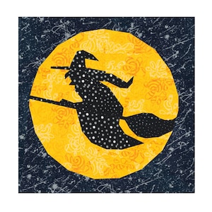 May include: A Halloween-themed design featuring a witch silhouetted against a full moon. The witch is black with white polka dots, riding a broom. The moon is yellow with a floral pattern, set against a dark blue background with white speckles.