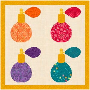 May include: Four colourful glass perfume bottles with different patterned designs. Each bottle has a gold top and a gold atomizer. The bottles are arranged in a square pattern on a beige background.