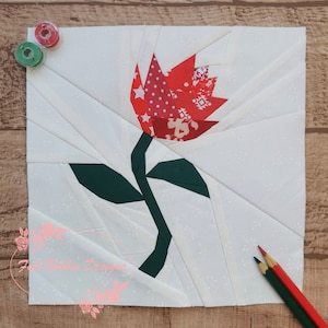 Rose unique, Flower Foundation Paper Piecing Pattern (FPP), Quilt Block, PDF Pattern, 3 tailles