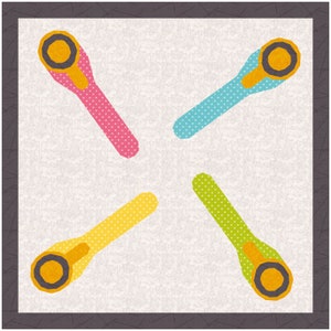 May include: A square quilt block featuring four rotary cutters arranged in a pinwheel pattern. Each cutter has a polka-dot handle in pink, blue, yellow, or green, with a dark gray and orange circular blade head, set against a light floral background.