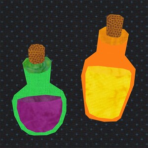 May include: Two glass bottles with cork stoppers. The bottle on the left is green with a purple liquid inside. The bottle on the right is orange with a yellow liquid inside.