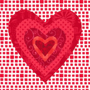 Puede incluir: Un corazón rojo con múltiples capas de tela roja, cada una con un patrón diferente, sobre un fondo blanco con un patrón de cuadrícula roja.