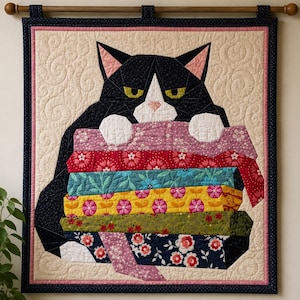 May include: A quilted wall hanging featuring a black and white cat with yellow eyes resting its paws on a stack of colorful fabric bolts. The background is cream with swirl quilting, framed by a pink border and a dark blue outer edge.