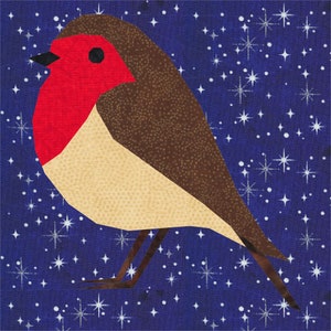 Könnte beinhalten: Stilisierte Vogelillustration mit roter Brust, braunem Kopf und beigem Körper. Der Vogel ist vor einem dunkelblauen Hintergrund mit weißen Sternakzenten platziert. Die Beine des Vogels sind braun, und der Schnabel ist schwarz.