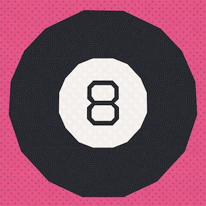 May include: A black and white 8-ball with a black background. The 8-ball is on a pink background with white polka dots.