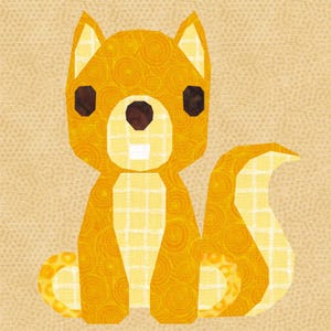 May include: A cartoon-style squirrel illustration in shades of yellow and brown. The squirrel has a round body, a fluffy tail, and large, dark eyes. The background is a light tan color.