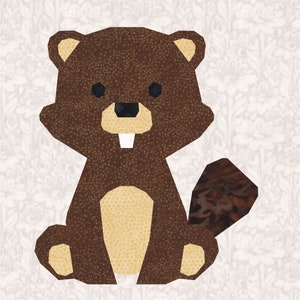 Könnte beinhalten: Geometrische Illustration eines Bibers in Braun- und Beigetönen. Der Biber hat einen hellbraunen Bauch, Ohren und Füße sowie einen großen weißen Zahn. Der Hintergrund hat ein dezentes Blumenmuster.