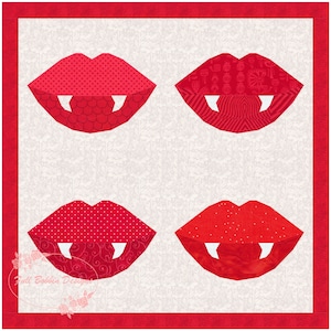 May include: Four red fabric lips with white fangs, each with a different pattern. The lips are arranged in a square pattern on a white background.