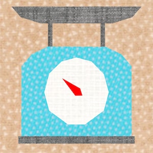 May include: A blue and white kitchen scale with a red needle. The scale has a textured surface and a grey base.