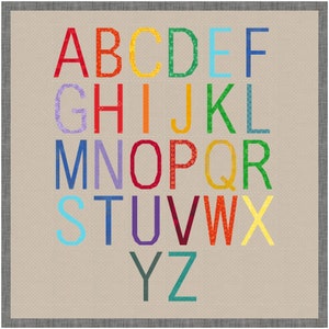 May include: A square wall hanging featuring the alphabet from A to Z in a grid layout. Each letter is rendered in a different solid or patterned color, including red, orange, yellow, green, blue, purple, and teal, set against a light beige background.