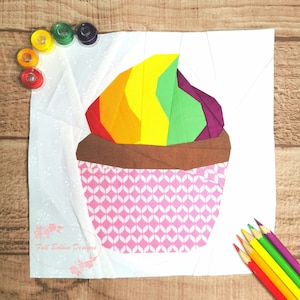 Rainbow Swirl Cupcake Foundation Paper Piecing Pattern (FPP), Quilt Block, PDF Pattern, 3 sizes