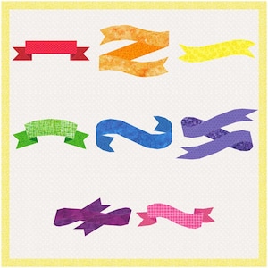 May include: A collection of colorful, fabric banner designs in various shapes and sizes. The banners are in shades of red, orange, yellow, green, blue, and purple, with some featuring polka dots or patterned textures. The background is a light cream color.