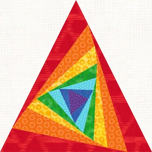 Pode incluir: Um bloco de colcha triangular arco-íris colorido com um padrão em espiral de triângulos concêntricos em vermelho, laranja, amarelo, verde, azul e roxo.