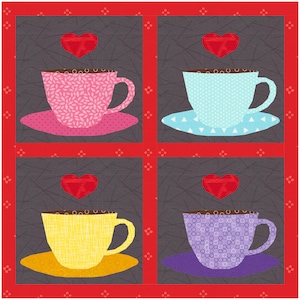 J'aime le café ou le thé ? Patron de piéce de papier de fondation (FPP), bloc de courtepointe, patron PDF, 4 tailles incluses
