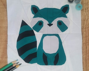 Waschbär, Foundation Paper Piecing Pattern (FPP), Quilt Block, PDF Pattern, 4 Größen