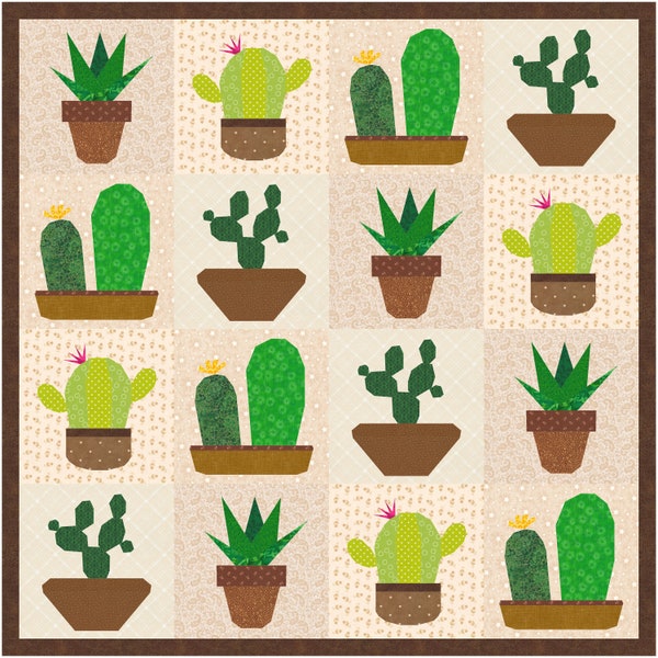 Succulents, Set of 4, Foundation Paper Piecing Pattern (FPP), Quilt Block, PDF Pattern, Each Pattern in 3 sizes