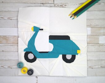 Enjoy The Ride!  Vespa Scooter Foundation Paper Piecing Pattern (FPP), Quilt Block, PDF Pattern, 3 sizes