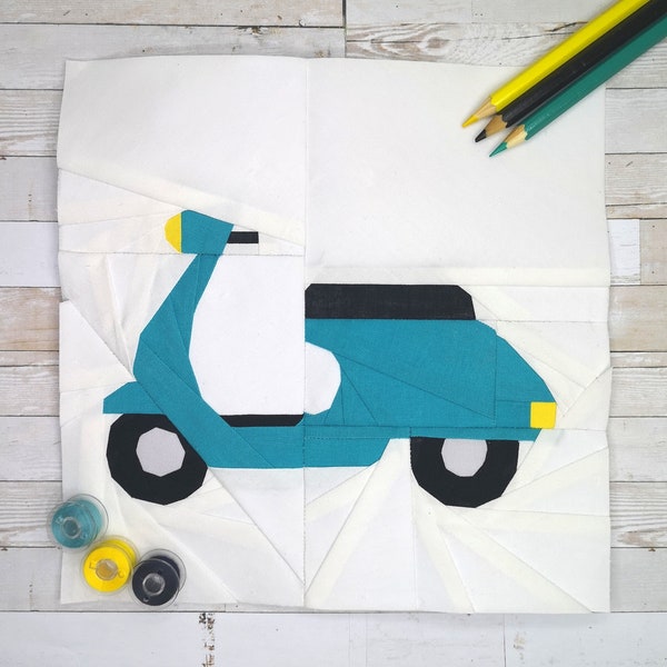 Enjoy The Ride!  Vespa Scooter Foundation Paper Piecing Pattern (FPP), Quilt Block, PDF Pattern, 3 sizes