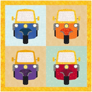 May include: Four colorful, cartoon-style auto rickshaws, each with a different color scheme: blue, orange, purple, and red. The rickshaws are arranged in a grid pattern on a background of alternating blue and beige squares.