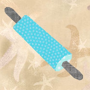 May include: A blue rolling pin with white polka dots. The rolling pin has a gray handle.