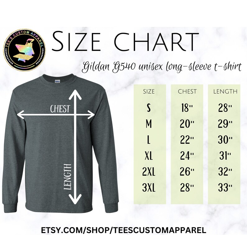 May include: Size chart for a Gildan G540 unisex long-sleeve t-shirt. The chart shows chest and length measurements in inches for sizes S, M, L, XL, 2XL, and 3XL.