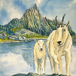 May include: A watercolor painting of two mountain goats standing in front of a mountain range. The goats are white with brown markings. The mountain range is in the background and is painted in shades of blue, green, and brown.
