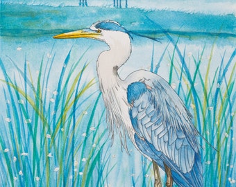 Great Blue Heron, Art Print from original Watercolor, Matted