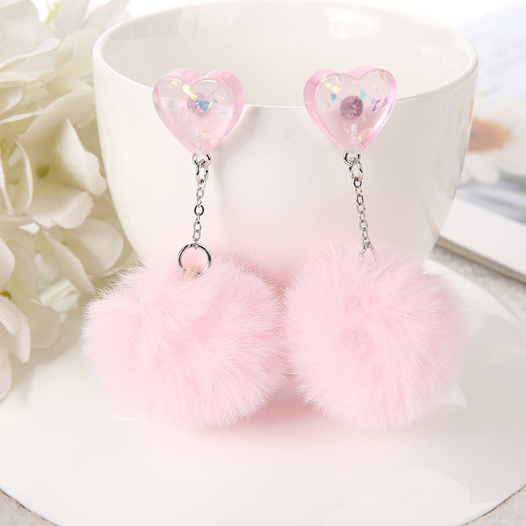 Pink puff ball earrings deals