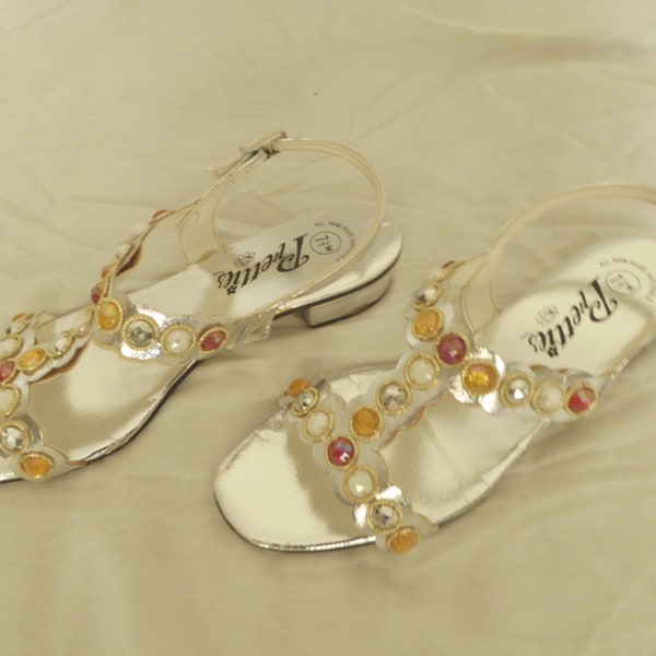 Silver Sandals Low Heeled Jeweled Studded Metallic Silver Lame Vintage 60's  T-Strap Ladies Sz 7.5 by Pretties