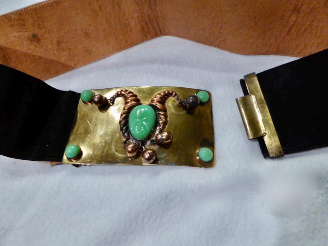 Vintage Aztec Mask Belt: Green Onyx, Brass Horns, Made in Mexico - Etsy