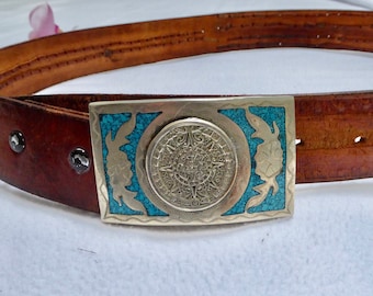 Vintage Mexican Alpaca Silver Turquoise Inlaid Belt Buckle with Brown Leather Braided Belt-Size 43