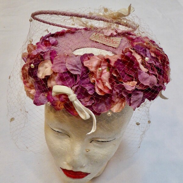 Yvonne Millinery Vintage Floral Fascinator Halo Hat w/Pearled Netting-Purple, Pink, Mauve-Circa 1930's RARE FIND