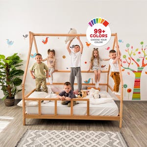 Montessori Toddler Bed, Canopy Bed, Wooden Bed Frame, Climbing Bed, Indoor Playground, Toddler Gym, Nursery Decor, Montessori Furniture