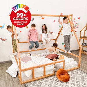 Montessori Floor Bed with Slats, Canopy Bed Frame, Toddler Bed, Indoor Playground, Climbing Bed, Wood Platform Bed, Montessori Furniture
