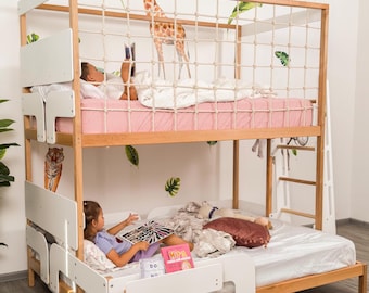 Twin Over Full Kids Bunk Bed, Toddler Bunk Bed, Montessori Twins Bed, Kids Playhouse, Loft Kids Bed with Climbing Net, Kids Furniture