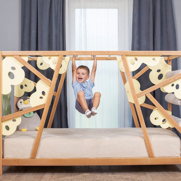 Gym Toddler Bed, Montessori Climbing Bed, Bed with Slats, Kids Playing Bed Frame, Wooden Activity Gym, Bed with Climbing Wall, Bed for Play