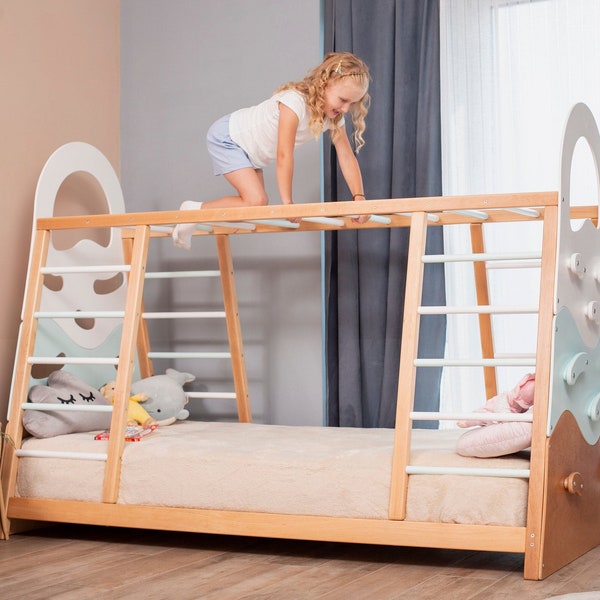 Toddler Climbing Gym Bed by Busywood, Montessori Climbing Bed Frame, Wooden Activity Gym, Kids Bed with Climbing Wall, Bed with Slats