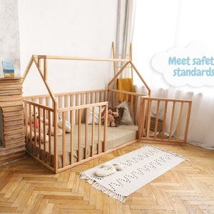 House Playpen Bed with Fall Protection and Slatted Frame by Busywood, Solid Wood Platform Bed