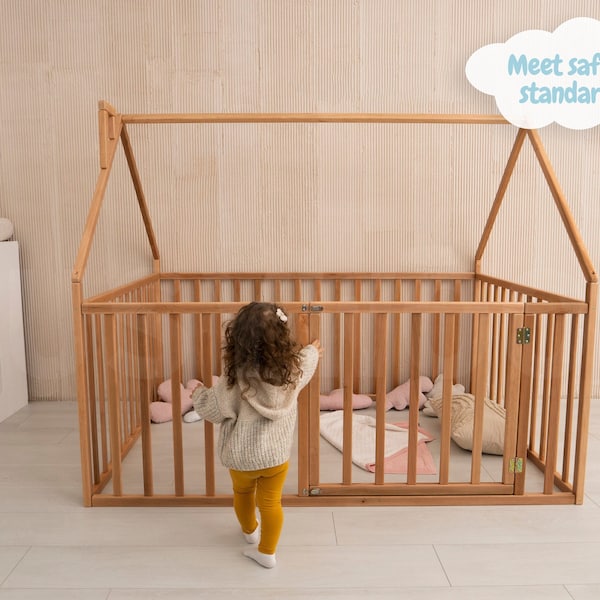 Wooden Playpen with Safety Lock by Busywood, Play Fence for Kids, Indoor Playard, Frame Bed, Children Home