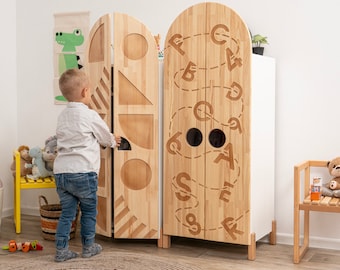 Montessori Kids Wardrobe by Busywood, Kids Dress Up Storage, Wood Closet for Toddler, Unique Bookcase,  Armoire organizer, Baby Toys Storage