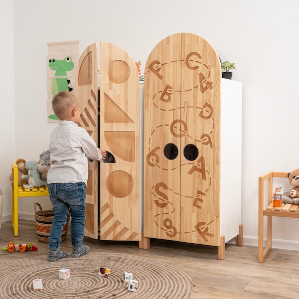 Montessori Kids Wardrobe by Busywood, Kids Dress Up Storage, Wood Closet for Toddler, Unique Bookcase,  Armoire organizer, Baby Toys Storage