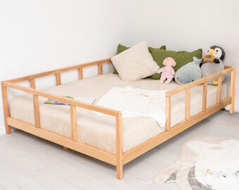 Toddler Bed with Railings, Montessori Bed for Kids, Wooden Bed Frame Twin, Loft Bed, Low Profile Bed, Handmade Furniture, Nursery Decor